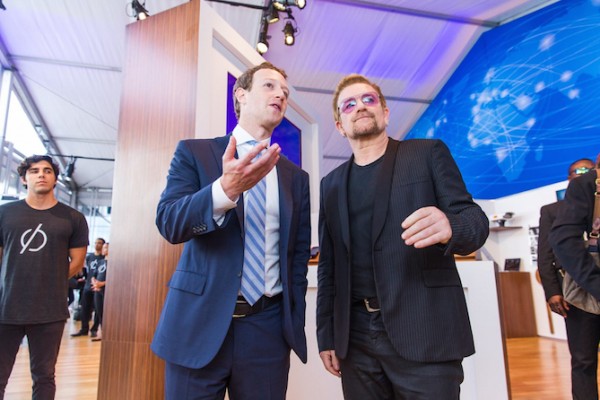 Mark Zuckerberg, left, and Bono at an innovation space at the United Nations. Photo credit: Facebook